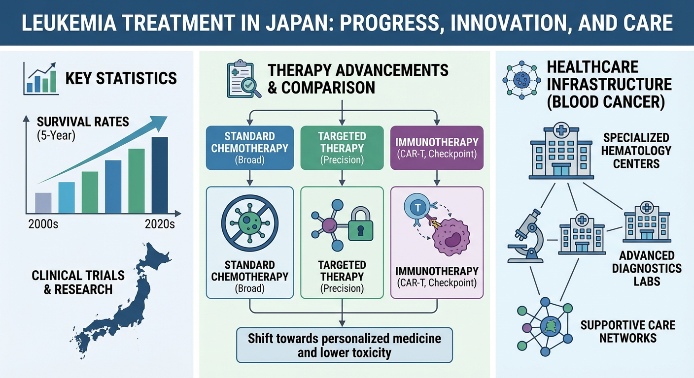 Infographic on leukemia treatment in Japan showing key statistics, advancements in therapy, survival rates, comparison of standard chemotherapy, targeted therapy and immunotherapy, and healthcare infrastructure related to blood cancer treatment in Japan